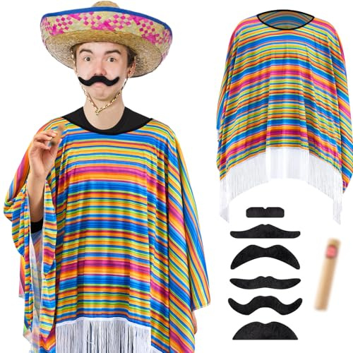 Hicarer 3 Pièces Costumes de Carnaval Mexicain avec Poncho Fiesta Serape Coloré Moustaches Festives Faux Cigare pour Hommes et Femmes Adultes Fête de Déguisement Mexicain de Cosplay