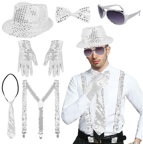 Ruikdly 6stk Glitzer outfit herren,Glitzer Accessoires Herren with Sequin Braces,Tie Men, Bow Tie, Hat Disco, Gloves, Carnival Glasses für Carnival Fasching Party Dance Silver Performance