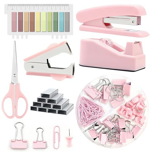 WANDGU Set Cancelleria Ufficio: Set di Forniture per Ufficio, Rosa Desk Accessory Kit con Spillatrice, levapunti, Clip, Forbici e Linguette per le Donne, Regalo per Impiegati d'ufficio, Gli Studenti
