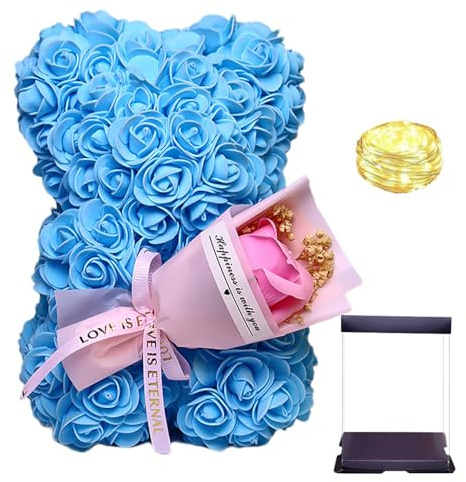 Orso di fiori fatto a mano, 25 x 18 cm, animale artificiale con luce LED, rosso, rosa, blu, rosso vino, viola, nero, riutilizzabile, regalo romantico per lei