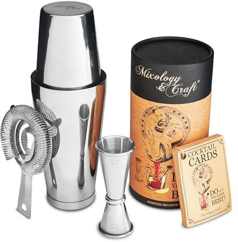 Shaker à cocktail professionnel Boston Shaker, passoire et jigger japonais avec cartes de recettes exclusives | Idéal pour bartending et bar à domicile (argenté)
