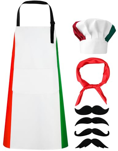 XLSXEXCL Italian Flag Apron and Chef Hat Set, Waterproof Cooking Apron for Women and Men, Pizza Chef Costume with 2 Pockets for Baking, Kitchen and Italian Themed Parties