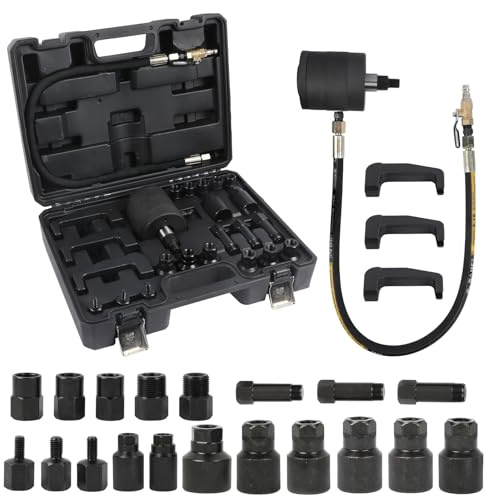 KAISAL 24PCS Pneumatic Diesel Injector Puller Set, 5-8 Bar Air Vibration fuel Injector Removal Tool with 19pcs Adaptors, UK& EU Connectors
