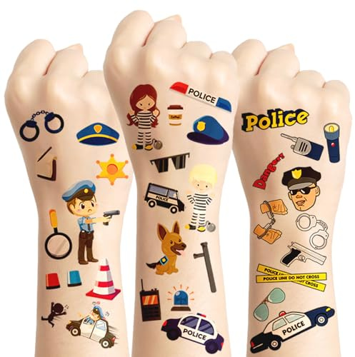 10 hojas de tatuajes de policía para niños, tatuajes temporales de coche de policía, detalles para cumpleaños infantiles, decoración de fiesta