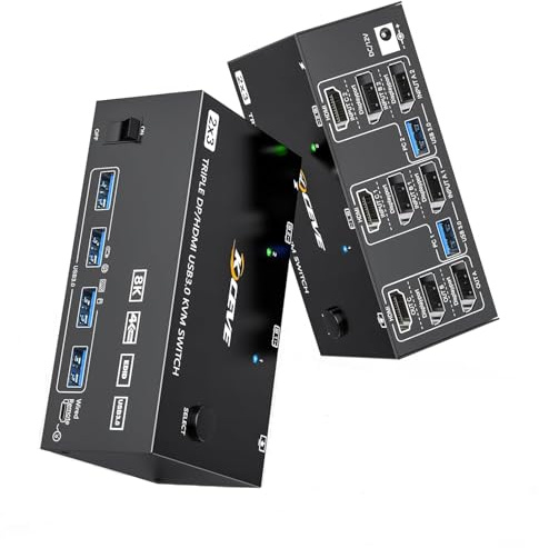 KCEVE KVM Switch 3 Monitores 2 PC, 8K@60Hz/4K @144Hz USB 3.0 KVM Conmutador HDMI + DisplayPort para 2 ordenadores, 3 pantallas y 4 dispositivos USB 3.0