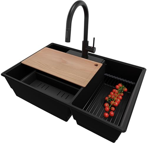 PRIMAGRAN Granitspüle ab 80er Unterschrank + Küchenarmatur, 78x53cm | Set: Küchenarmatur BW9010 + Ablauf-Set (Siphon, Ablaufgarnitur, Überlauf) + Spülbecken 2 Becken - Paris Chef, Alles Schwarz