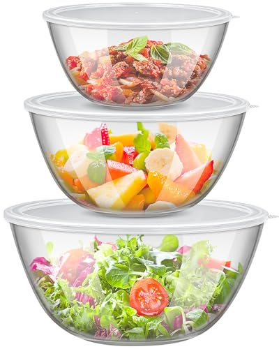 HFZCV 3er Set Glas Rührschüssel mit Deckel, Große Rund Salatschüsseln(4,5 L, 2,7 L, 1,1 L) aus Borosilikatglas, Stapelbare Schüsseln mit Deckel für Kochen, Backen, Vorbereiten, Mikrowellengeeignet