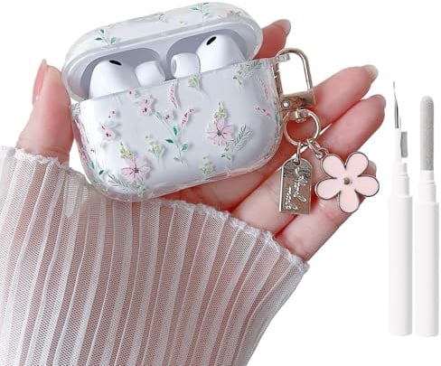 MINSCOSE Kompatibel mit AirPods Pro 3. Generation Case (2025), niedliches Cartoon-Blumenmuster-Design mit ästhetischem Blumen-Schlüsselanhänger, weiche TPU-Schutzhülle für AirPods Pro 3 – Rosa