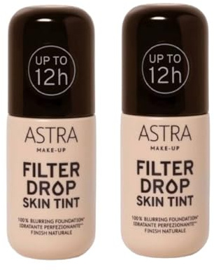 Astra Make-Up Filter Drop Skin Tint feuchtigkeitsspendende Foundation Perfektionierendes natürliches Finish 12H 25 ml (03 Light I Medium 2 Stück)
