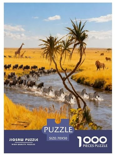 African Safari Animals Crossing River 1000 Piece Jigsaw Puzzles Impossible Hard Challenge Modern Paisaje Classic Educational Games Creativity & Gift Giving for Women Men 70x50cm/1000pcs