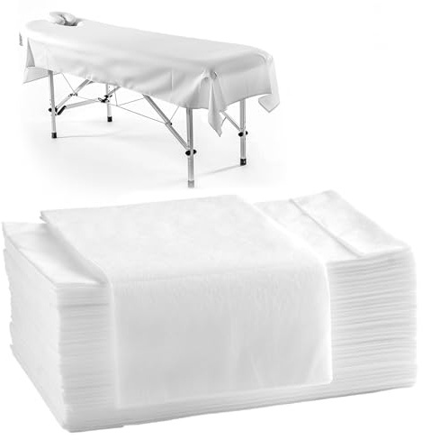 Oungy 100 Stück Einweg Bettlaken, 100x200cm Einweg Massagetisch Bettlaken, Vliesstoff Spannbettlaken Massageliege, Einwegbettlaken für Schönheitssalon, Spa, Krankenhausbetten, Massage, Hotels(Weiß)