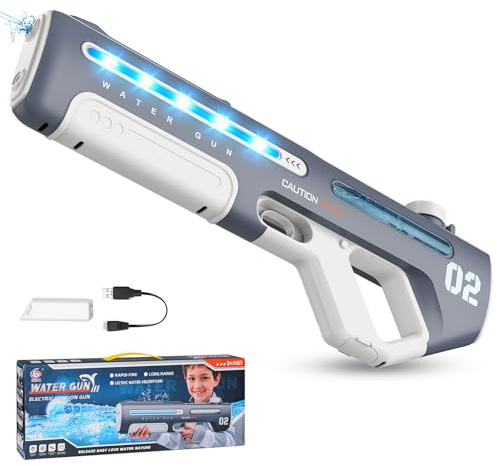 Elektrische Wasserpistole für Kinder Erwachsene, Automatische Wasserspritzpistole mit LED-Licht Wasseraufnahme, Dauerfeuer 8m Reichweite, Sommer Spielzeug for Pool, Strand
