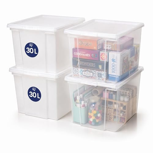 Iris Ohyama, Aufbewahrungsbox mit Deckel, 30 L, Set von 4, Transparent, Einfaches Verschließen, Stapelbar, aus durchsichtigem Kunststoff, für Kleiderschrank, Regale, Garage, Organisation, Kleidung