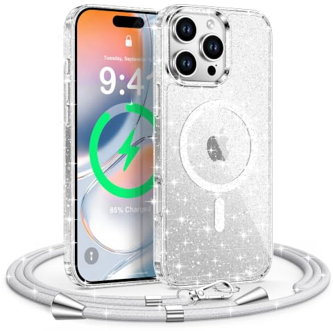 XYZ Magnetische Hülle für iPhone 16 Pro Max, Glitzer Case, Transparent | Kompatibel mit MagSafe Case, Elegante Handyhülle mit Band, Luxuriöse Bling Schutzhülle für Frauen Mädchen