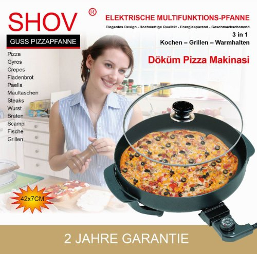 SHOV Elektrische Guss Multipfanne 42 cm – Pizzapfanne mit Deckel, Thermostat & Antihaft – 3-in-1 Kochen, Grillen, Warmhalten – 1200 W Döküm Pfanne