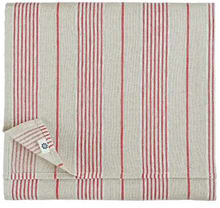 Linen & Cotton Hochwertige Tischdecke Streifen Ulla - 100% Leinen, Beige/Natur/Rot (150 x 200 cm) Weihnachten, Rechteckig Tischtuch Decke Tischwäsche Stoff für Haus/Home Küche Dekoration Esszimmer