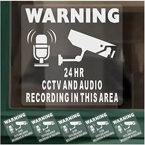 6 x Stickers CCTV Camera and AUDIO Recording WINDOW Signs 24hr 24 Hour Area Video In Operation Security Warning Self Adhesive Labels 100mm