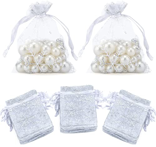 jijAcraft Organza-Beutel mit Schneeflocken, 7 x 9 cm organzasäckchen, 100 Stück Organza-Geschenkbeutel mit Kordelzug für Weihnachten, Hochzeit, Schmuck Beutel