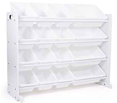 Humble Crew Cambridge Extra-Large Wooden Toy Storage Organiser for Children, with 16 BPA Free Plastic Removeable Storage Bins, Ideal for Storing Toys, Games, Books and Craft Supplies - White