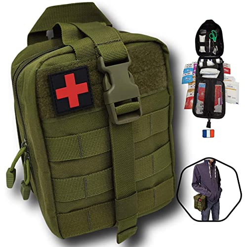 Trousse de Secours militaire complète,Made in France,kit normes CE survie 103 Pcs Pratique Compact Se Fixe à la Ceinture.Conçue pour la Maison,la randonnée,Travail,Voiture,Chasse,Sport,Militaire. Vert