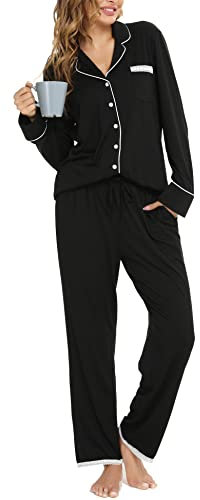 Vlazom Pyjamas Set for Women, Soft Two Pieces Pjs Sets Long Sleeve Button Down Tops and Pants Sleepwear Loungewear with Pockets,Black,L