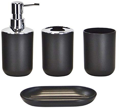 Icegrey Design Moderne 4 PièCes Ensemble D'Accessoires De Salle De Bain Bouteilles De Lotion, Porte-Brosse à Dents, Tasse à Dents, Porte-Savon, Noir-Quatre