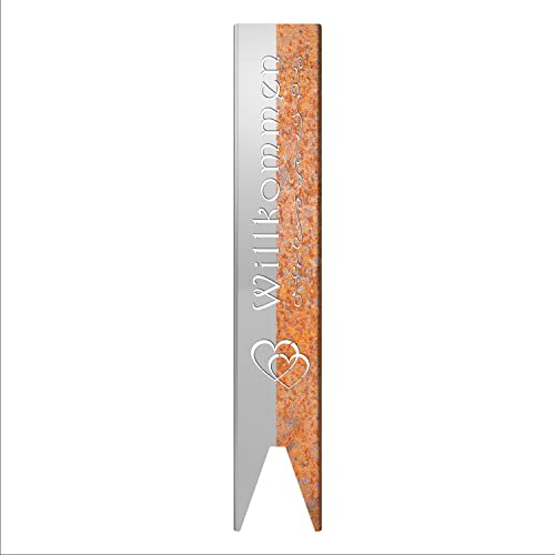 teileplus24 GS01 Rost Willkommen Gartenstecker Gartenschild | Garten Deko | 3D Abkantung | 120cm x 21cm, Design:Doppelherz
