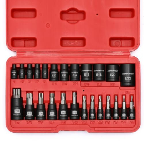 MIXPOWER 25-Piece Torx Bit and Female External Socket Set, 13 Star Bits (T8- T60) & 12 Female E-Torx (E4-E22), Professional Grade Auto & Motorcycle Mechanic Socket Set