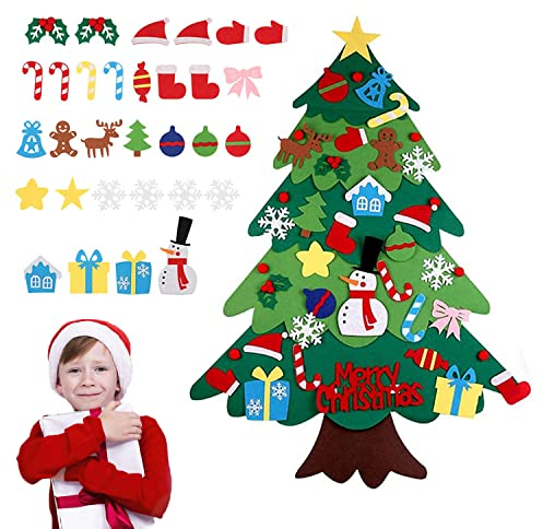 XPOOP Albero di Natale in Feltro con 32 Decorazioni Staccabili, Appeso a Parete Albero di Natale Fai da Te, Feltro Albero Natale, DIY Albero Natale Feltro, Decorazioni Natalizie da Parete per Porte