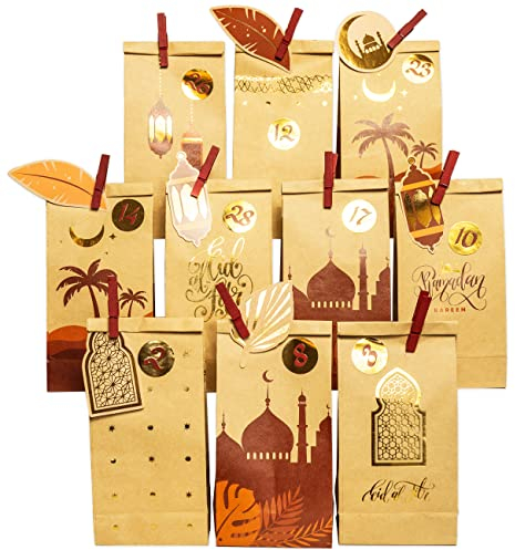 Papierdrachen DIY Ramadan Kalender zum Befüllen - für Kinder und Erwachsene - Bedruckte Kraftpapiertüten in braun - Gold - zum Aufstellen und Dekorieren - Eid Mubarak - wiederverwendbar - Set 3
