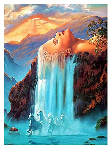 DCIDBEI 40X50CM DIY 5D Rond Diamant Peinture Point De Croix Paysage Magique Montagne, Diamond Painting Kits Cheval kit Tableau Nature Déesuse Salon Chambre Décoration Autocollant mural,Cascade Femme