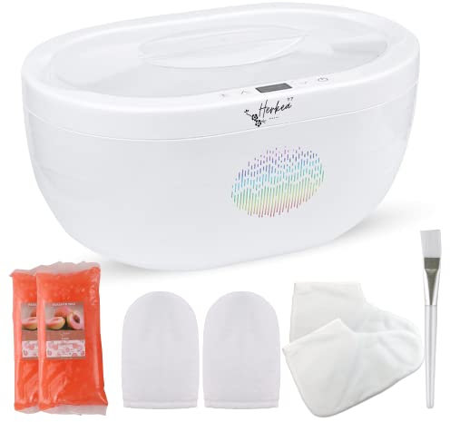 Paraffin Wax Heater for Hands and Feet by Herkea, Paraffin Wax Bath, Peach Scented Premium Paraffin Wax Blocks x 2, Hand and Feet Mittens, Disposable Gloves, Socks and Applicator Brush - Complete Set