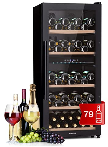 Klarstein Weinkühlschrank, Getränkekühlschrank Schmal, 2 Zonen Kühlschrank mit Glastür, Getränkekühlschränke Freistehend, Weinkühlschrank Klein, Weinkühlschränke mit UV-Schutz, 5-18°C, 79 Flaschen