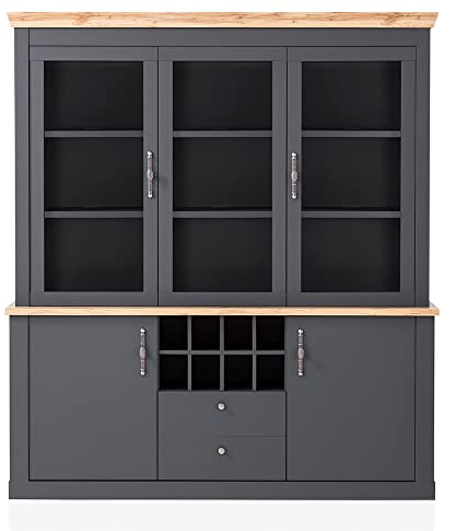 Lomadox Buffetvitrine Vitrinenschrank Küchenbuffet Landhaus in anthrazit mit Wotan Eiche Nb., B/H/T ca. 184/205/44 cm