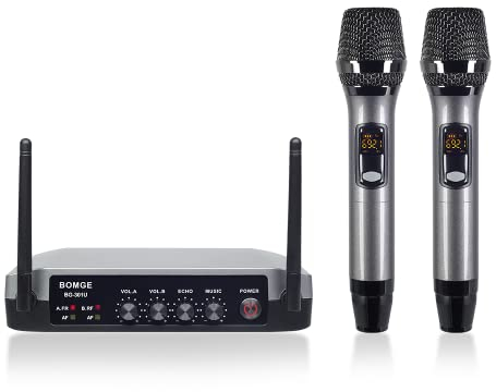BOMGE UFH microfonico wireless con ingresso Bluetooth, regolazione del volume, effetti, portata 85 m, doppio professionale in metallo, adatto per cantare, feste, chiesa