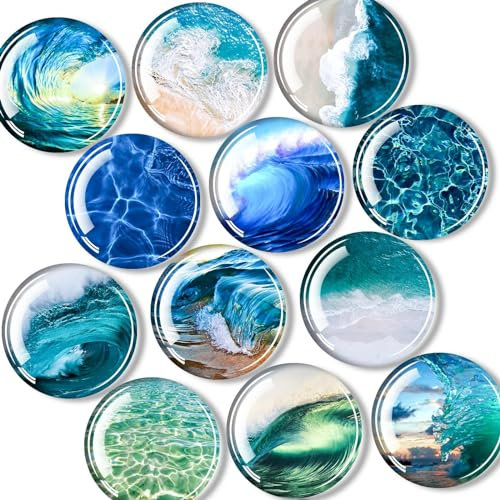 DARUITE 12 Pcs Fridge Magnets, Blue Sea Pattern Glass Magnet, Decorative Round Whiteboard Magnets for Cabinets, Refrigerators, Homes, Office