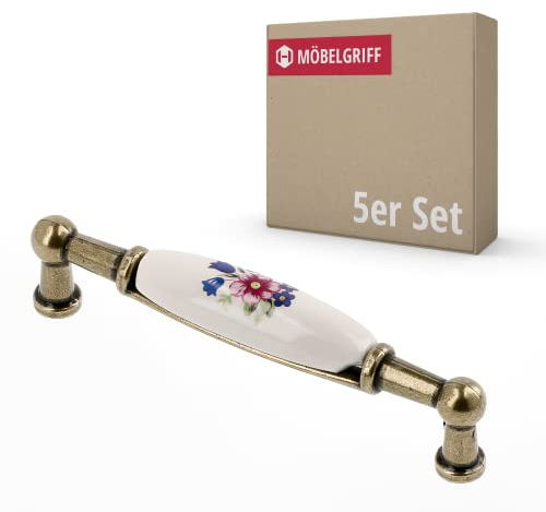 Gedotec Möbelgriff aus Porzellan | 5 Stück | Griffe für Küchenschränke inkl. Befestigungsmaterial | ERNI | Möbelgriffe mit Blume mit BA 96 mm | Türgriffe für Schränke - Schrankgriffe