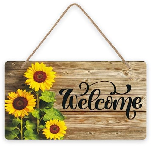 HAOSHICS Panneau de bienvenue pour porche - Tournesols sur porte d'entrée en bois - Plaque murale de bienvenue en bois - Décoration d'intérieur à suspendre (A)