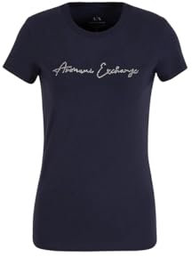 Armani Exchange Damen Rhinestone Script Logo Cotton Crewneck T-Shirt, Blueberry Jelly, M EU