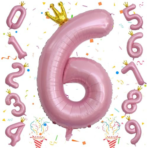 Rosa Zahl Luftballon 6, Folienballon Riesen 0–9 Set, 40 Zoll Krone 6 Zahlen Ballon für Mädchen Kinder 6. Geburtstag Party Deko Frau 60 Jubiläum Party Dekoration, Fliegt mit Helium