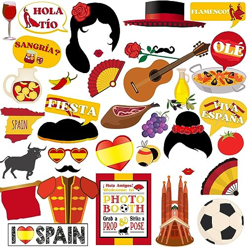 Htabiol Spanien Photo Booth Props, 37pcs Spanish Party Decorations, Red, Yellow, Cartoon Spanish Culture, Cardstock, Party Photobooth Props