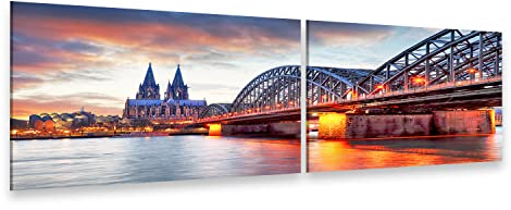 islandburner Bild auf Leinwand Kölner Dom Hohenzollern Brücke Sonnenuntergang Nacht 160x40cm - 2 Wandbilder je 80x40cm Wandbild Leinw