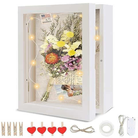 MeYuxg 3D Bilderrahmen 20 x 25 x 7.5 cm, Beleuchteter Bilderrahmen mit 1m Led Lichterkette, 5cm Bilderrahmen Tief zum Befüllen, Kreative Hochzeitsgeschenk, Öffnungs- und Schließdesign (Weiß)
