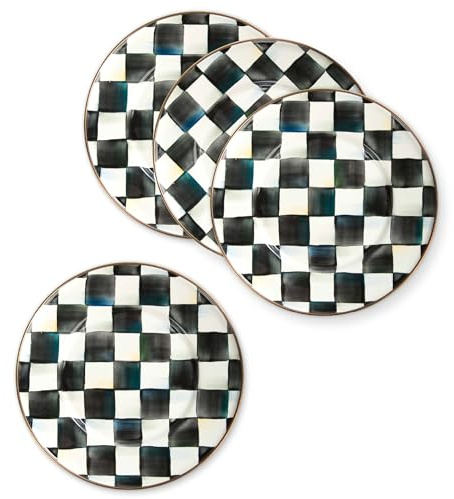 MACKENZIE-CHILDS Enamel Salad and Dessert Plate, Small Plate for a Dessert or Appetizer Dish, 8 Inches, Set of 4, Black-and-White Courtly Check