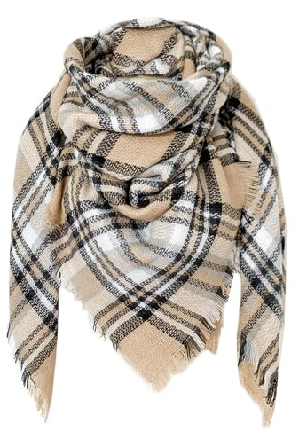 FIFTHAVE Schal Damen Scarf Women Winterschal,Kariert übergroßer Quadratisch Deckenschal Warmer Oversized Fransen Cape Poncho Herbstschal Khaki 02