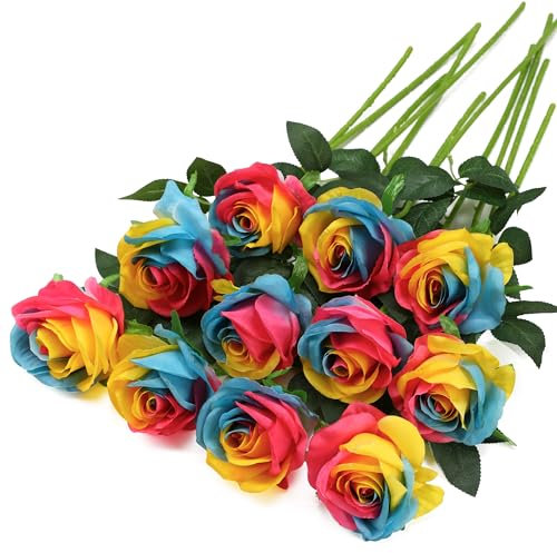 Tifuly Rainbow Fake Roses Artificial Flowers - 10 Pcs Fake Artificial Rainbow Roses Silk Flowers with Stems for Home Wedding Hotel Office Centerpiece Decor(Rainbow2)