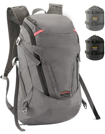 MANUEKLEAR 28L Kleiner Wanderrucksack Herren, verstaubarer Rucksack, Outdoor, wasserdichter Rucksack für Damen und Herren, dunkles grau, 28L, Wanderrucksack