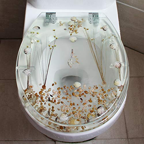 Langsam schließender Toilettendeckel aus Kunstharz für den Toilettensitz, Kunst-3D-Effekte, strapazierfähiger Toilettendeckel mit echten Blumen, Muscheln und Sand für U/V/O-Typ – Top-Fix-Beschläge/S