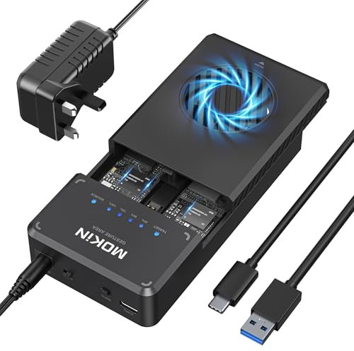 MOKiN NVMe Cloner Enclosure, Hard Drive M.2 SSD Enclosure Dual-Bay Offline Clone Tool-Free, USB 3.1 Gen 2 10Gbps NVMe Docking Station with Cooling Fan for NVMe PCIe Size 2230/2242/2260/2280(8TB)