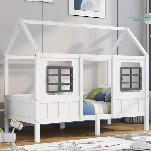 HYUB Kinderbett, Hausbett 90x200cm mit Rausfallschutz und 2 Fenstern, Baumhausbett, Montessori Stil Bett mit Dach, Bettrahmen und Lattenrost aus Stabiler Kiefernholz, Graue Gitterfenster